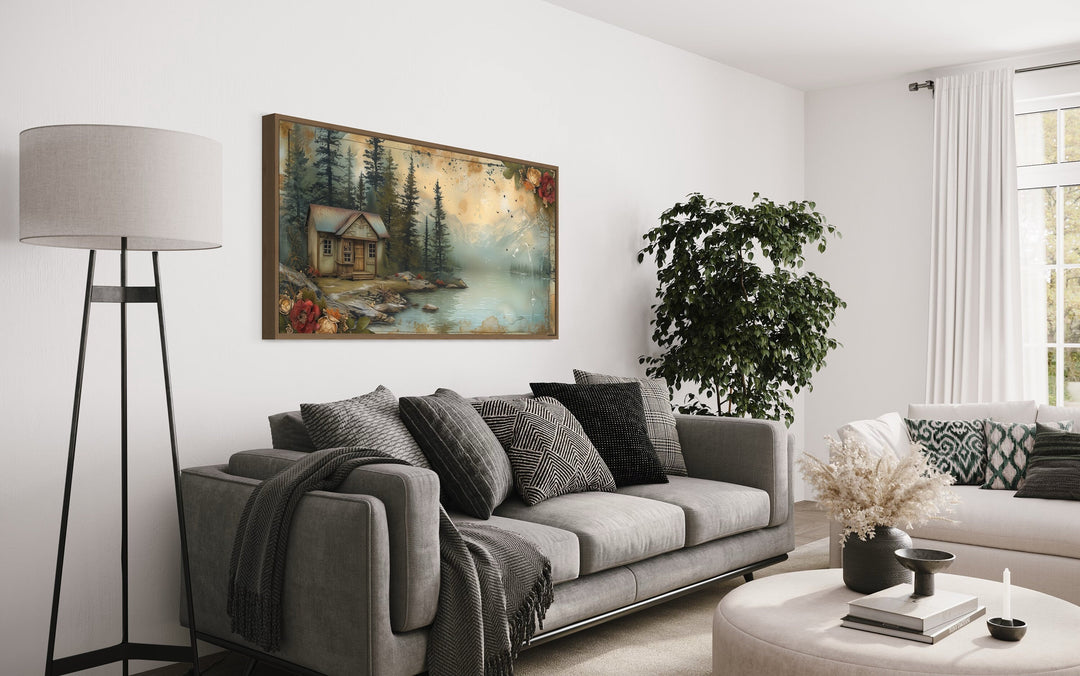 Cabin On The Lake Rustic Lake House Framed Canvas Wall Art above grey couch