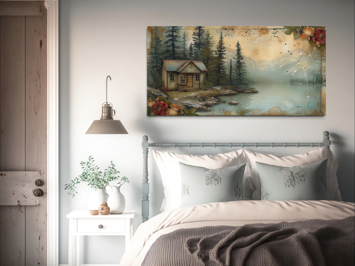 Cabin On The Lake Rustic Lake House Framed Canvas Wall Art above bed