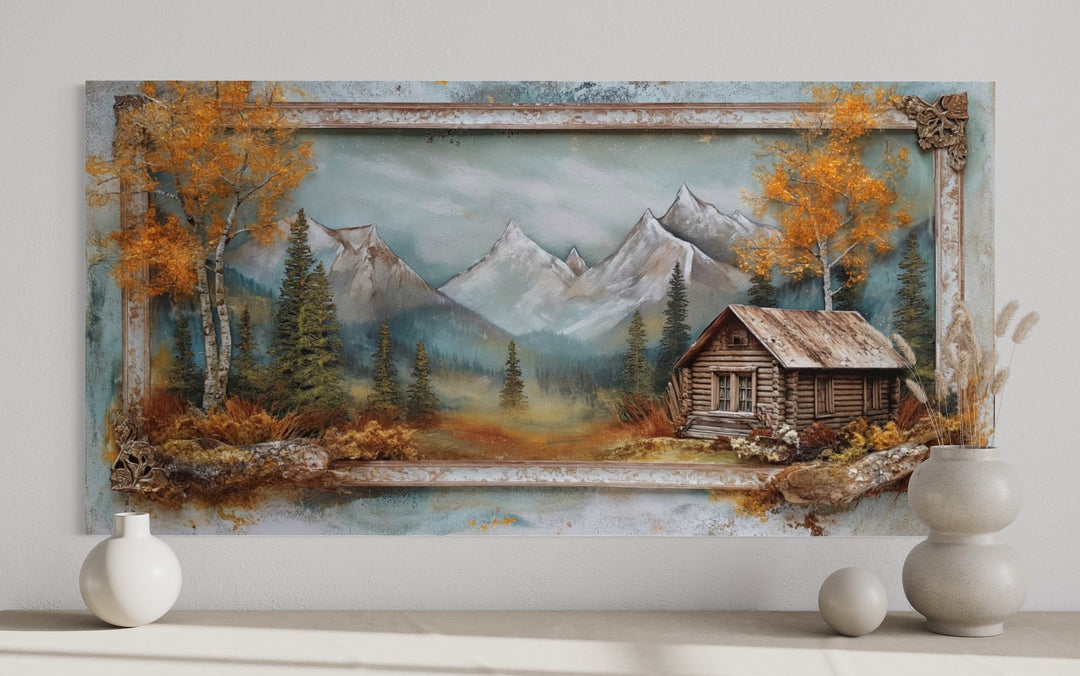 Log Cabin In The Mountains In Autumn Rustic Framed Canvas Wall Art