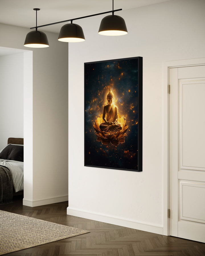 Golden Buddha With Lotus Flower Indian Wall Art "Luminous Lotus" in living room