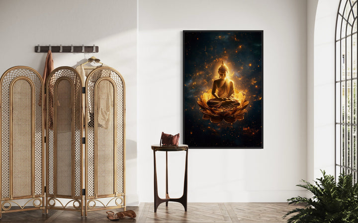 Golden Buddha With Lotus Flower Indian Wall Art "Luminous Lotus" in modern room