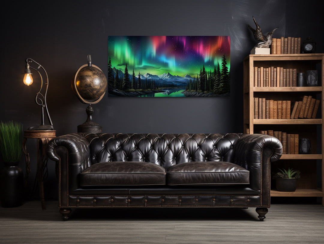 Northern Lights Over Arctic Mountains Framed Canvas Wall Art in dark office