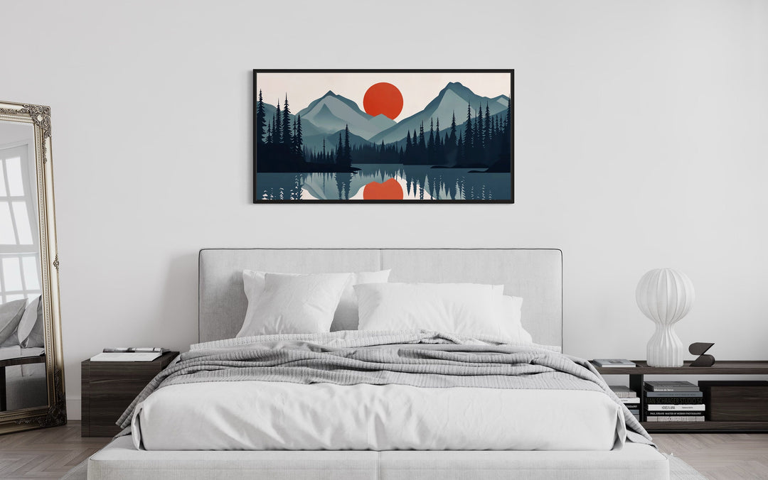Mid Century Modern Minimalist Mountain Lake Landscape Canvas Wall Art above bed