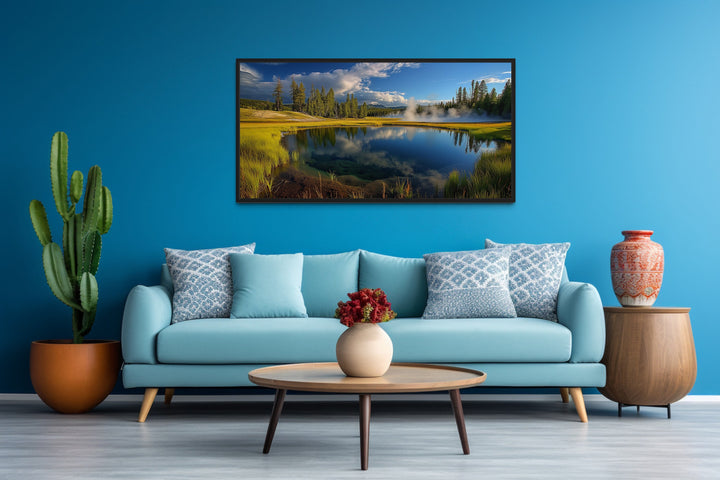 Yellowstone National Park Framed Canvas Wall Art above couch