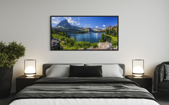 Glacier National Park Montana Wall Art in a bedroom with a large bed