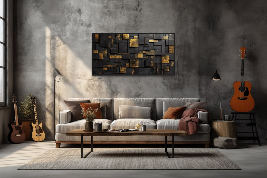 Black Gold Abstract Geometric Wall Art above grey couch