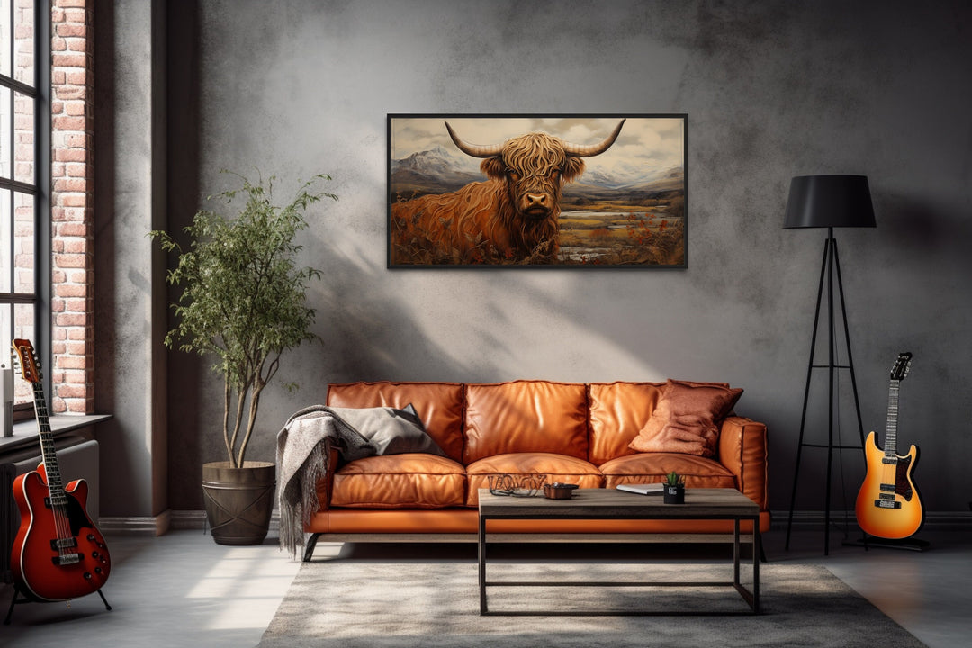 Highland Cow Renaissance Style Wall Art above orange couch