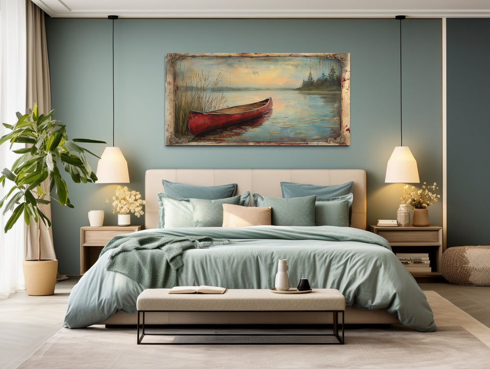 Vintage Red Canoe In The Lake Cabin Wall Art "Vintage Paddle" over modern green bed