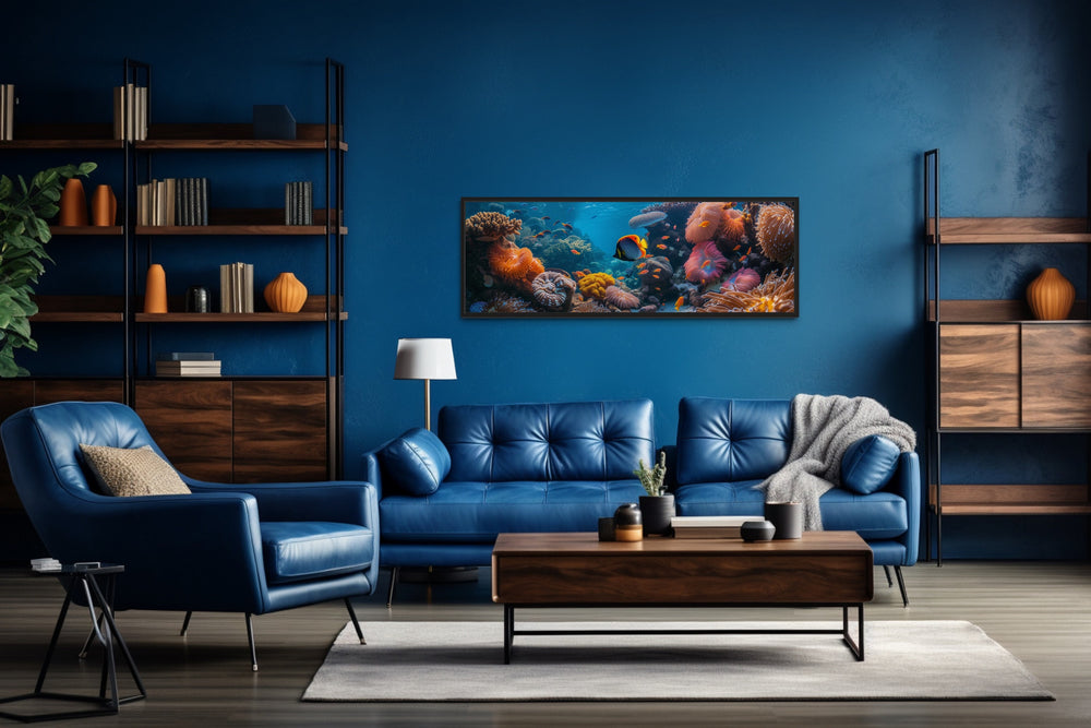 Underwater Coral Reef Narrow Horizontal Framed Canvas Wall Art in blue room