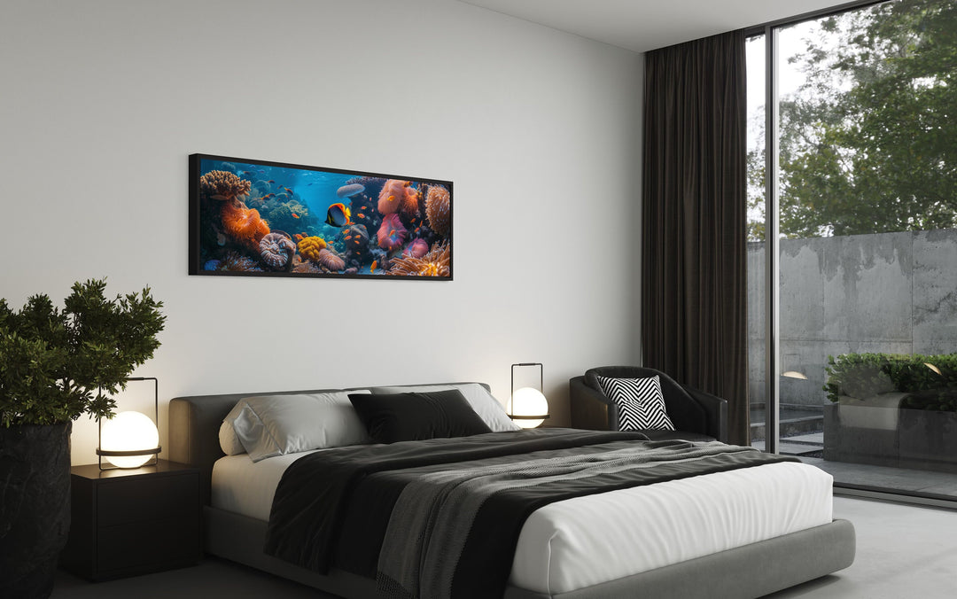 Underwater Coral Reef Narrow Horizontal Framed Canvas Wall Art above bed