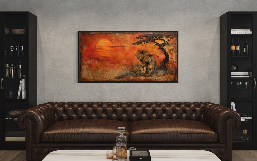 Lion and Lioness in African Savanna Framed Canvas Wall Art