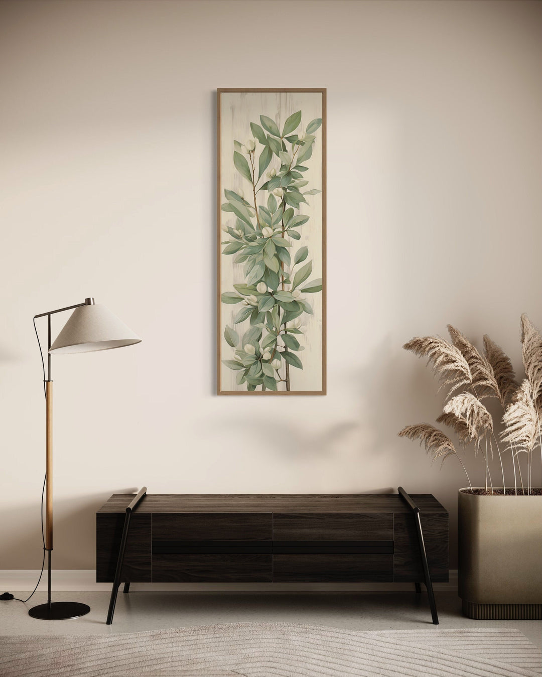 Tall Slim Vertical Vintage Sage Green Leaves Framed Canvas Wall Art