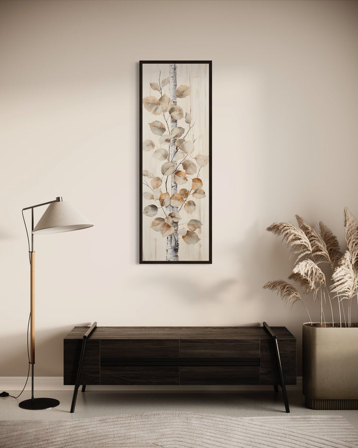 Tall Narrow Birch Tree Branch And Leaves Rustic Vertical Wall Art in modern room