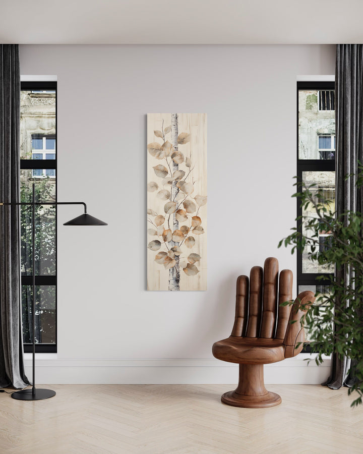 Tall Narrow Birch Tree Branch And Leaves Rustic Vertical Wall Art in modern living room