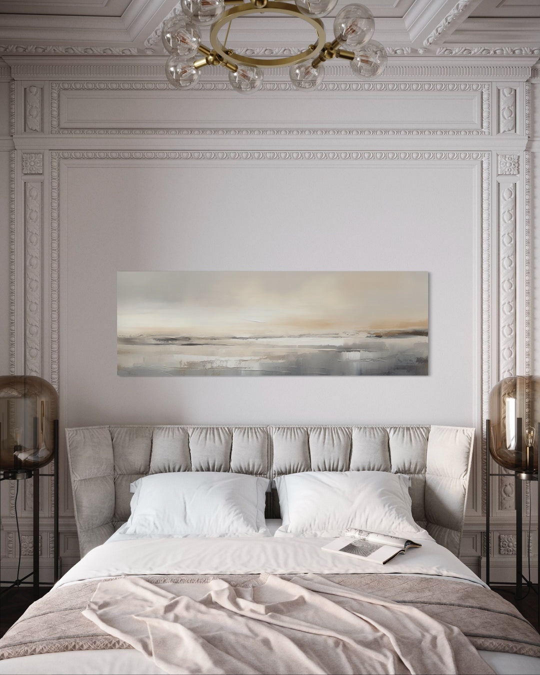 Minimalist Neutral Abstract Watercolor Ocean Beach Horizontal Over Bed Wall Art