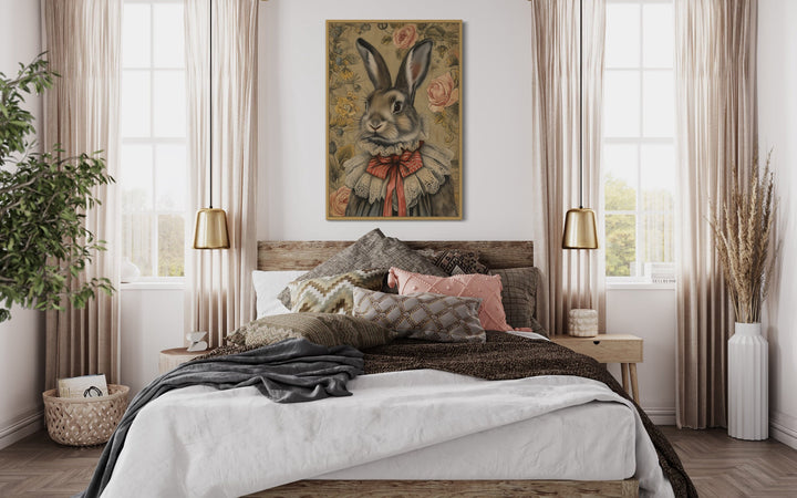 Victorian Bunny Portrait Framed Canvas Wall Art above bed