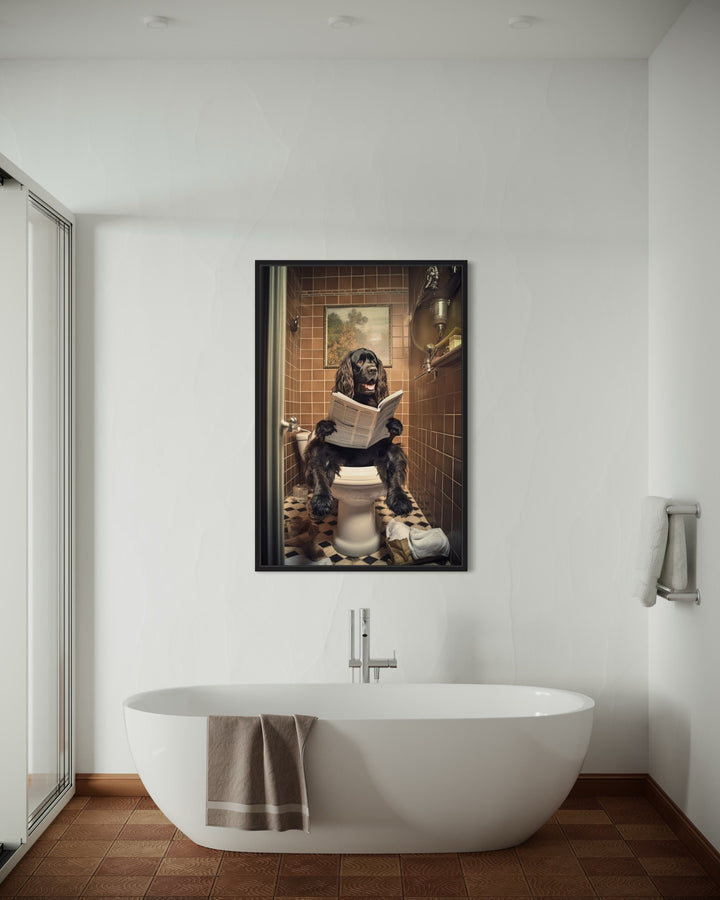 Black Cocker Spaniel Dog On The Toilet Reading Newspaper Wall Art above bathtub