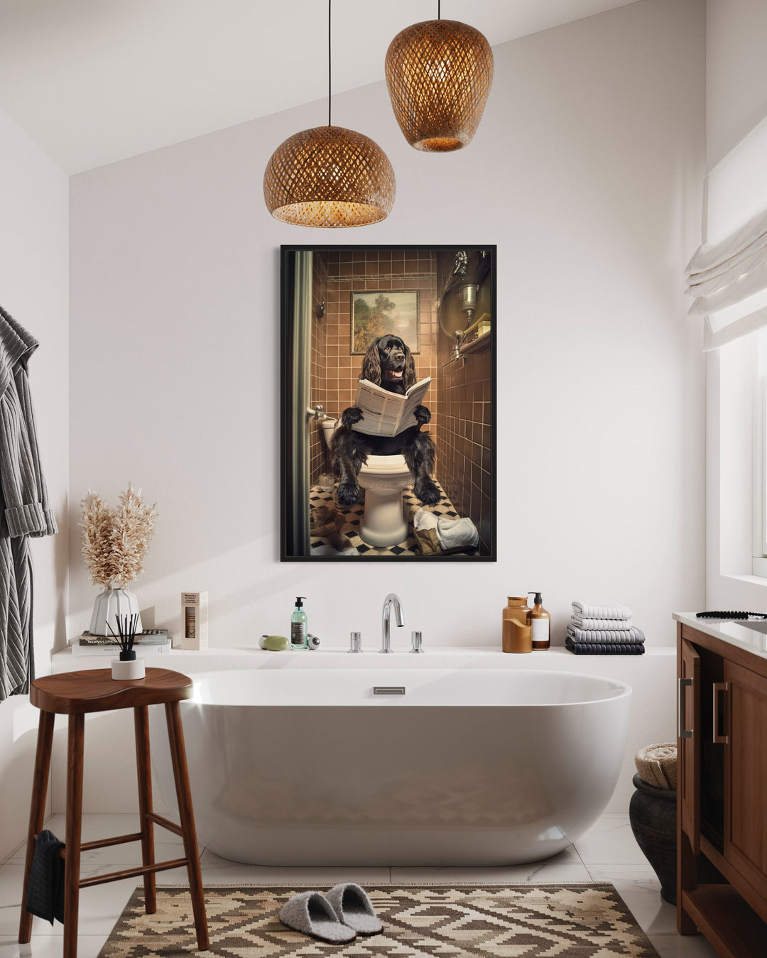 Black Cocker Spaniel Dog On The Toilet Reading Newspaper canvas art