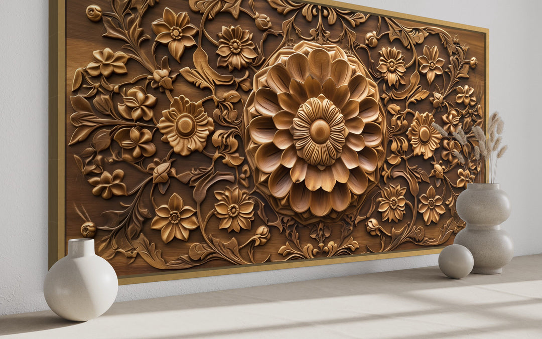 Indian Canvas Wall Art Jali Style Floral Carved Wood Painting "Jali Harmony" close up side view