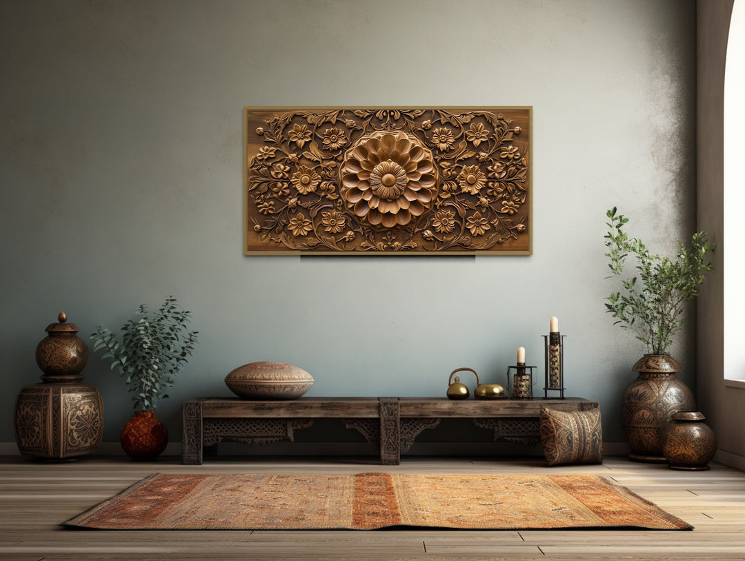 Indian Canvas Wall Art Jali Style Floral Carved Wood Painting "Jali Harmony" in indian room