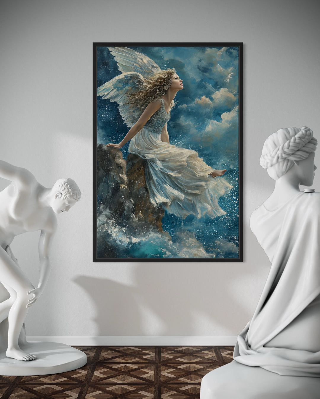 Beautiful Angel Sitting On Top A Mountain Among Clouds in Heaven Wall Art