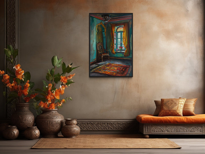 Traditional Indian Room With Window "Cultural Reflections" Indian Wall Art above brown carpet