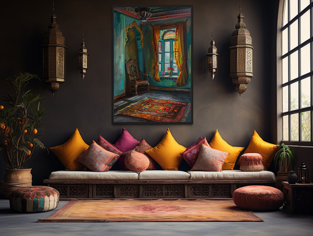 Traditional Indian Room With Window "Cultural Reflections" Indian Wall Art above pink & yellow pillows