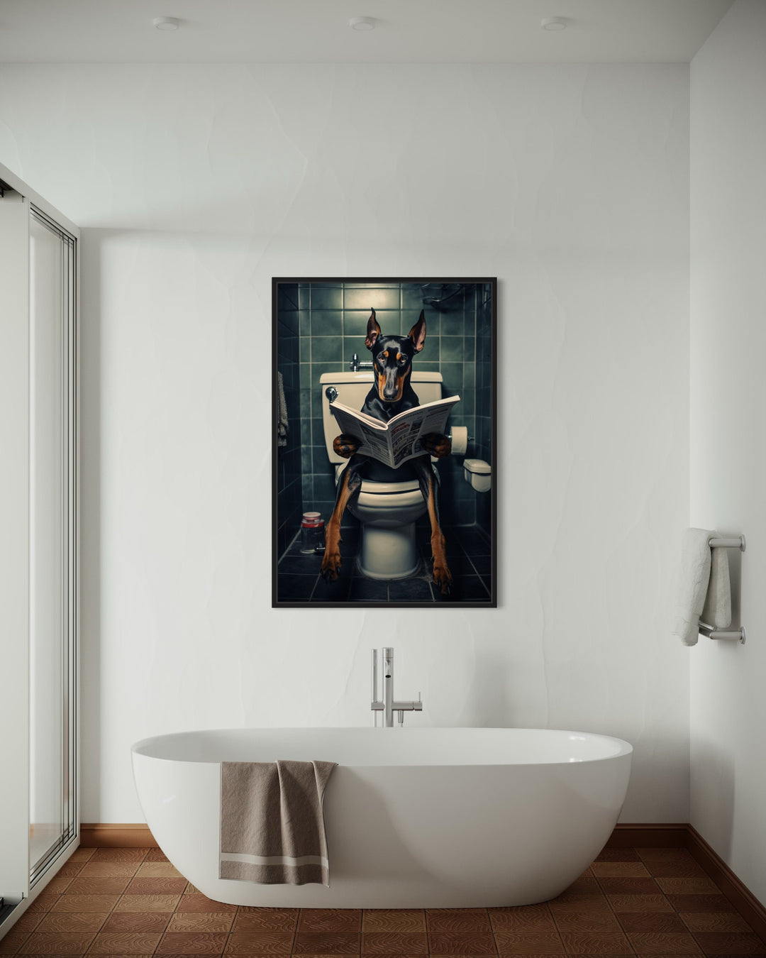 Black Dobermann Dog On The Toilet Reading Newspaper Wall Art over white bath tub