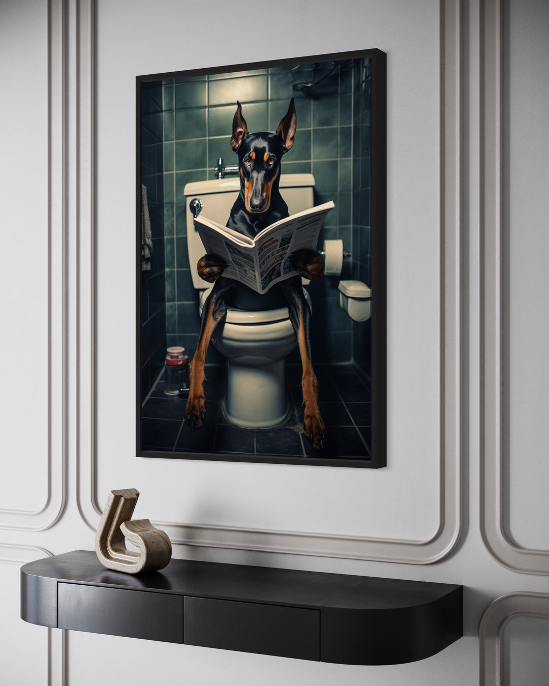 Black Dobermann Dog On The Toilet Reading Newspaper Wall Art close up side view