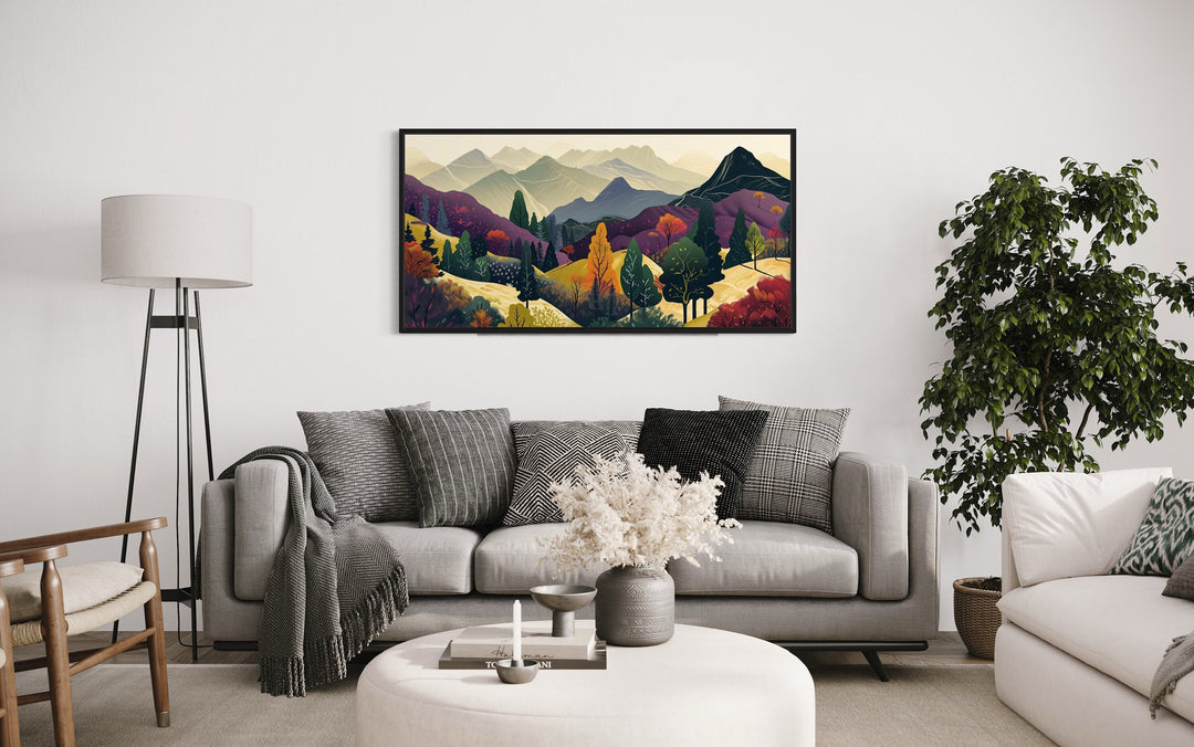 Mid Century Modern Purple Yellow Mountain Landscape Canvas Wall Art
