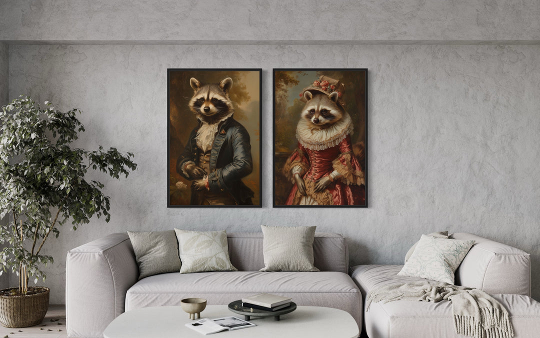 Raccoons Couple Vintage Victorian Portrait Framed Canvas Wall Art above grey couch