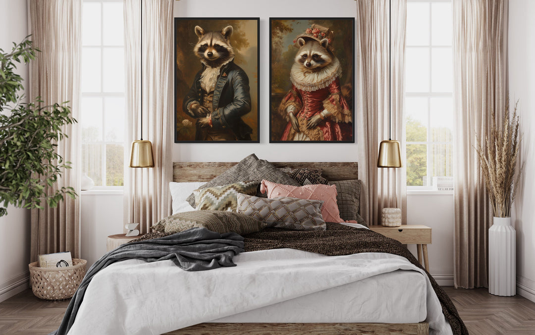 Raccoons Couple Vintage Victorian Portrait Framed Canvas Wall Art above bed