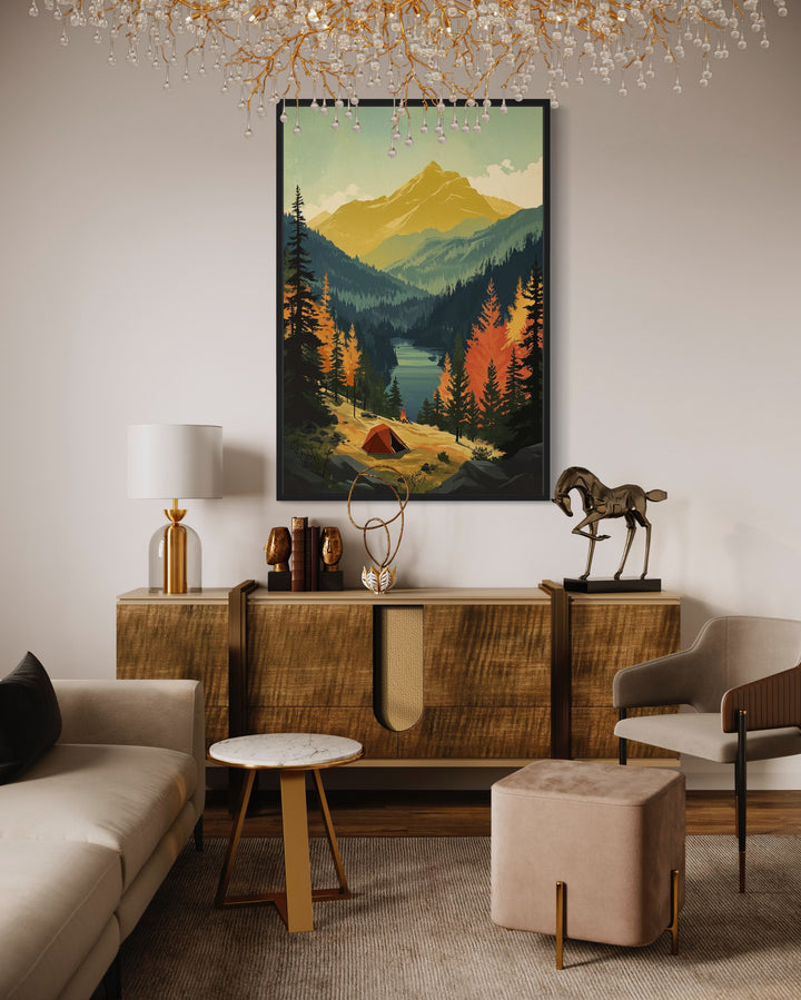 Mountain Lake Landscape Camping Tent Framed Canvas Wall Art above table