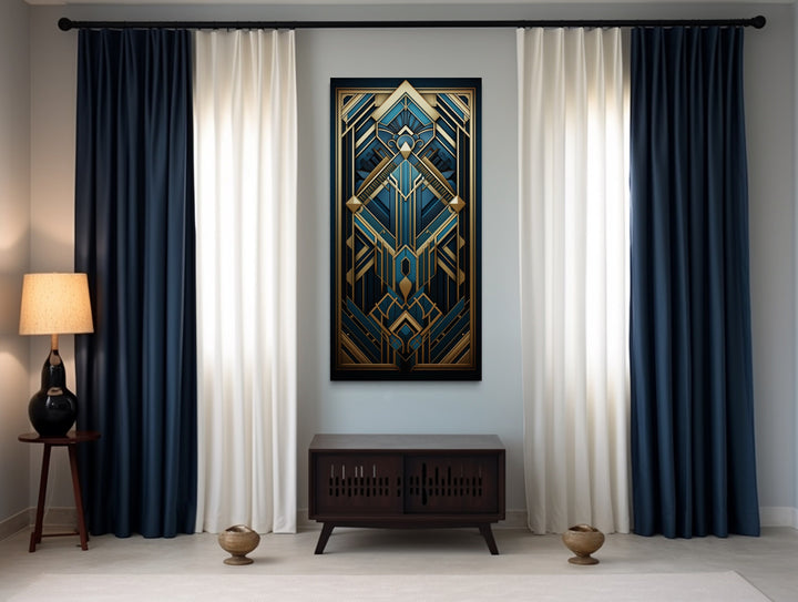 Art Deco Pattern Navy Blue Gold Long Vertical Canvas Wall Art in living room