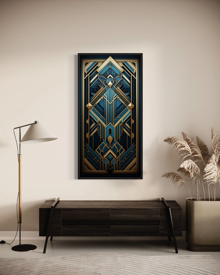 Art Deco Pattern Navy Blue Gold Long Vertical Canvas Wall Art