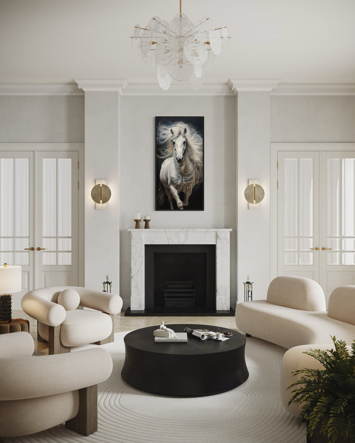 Long Vertical White Horse On Black Background Wall Art above fireplace
