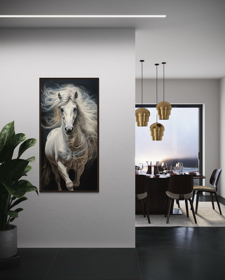 Long Vertical White Horse On Black Background Wall Art in modern home