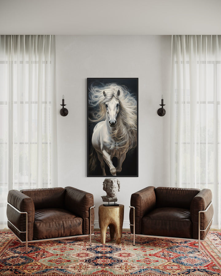 Long Vertical White Horse On Black Background Wall Art in the living room