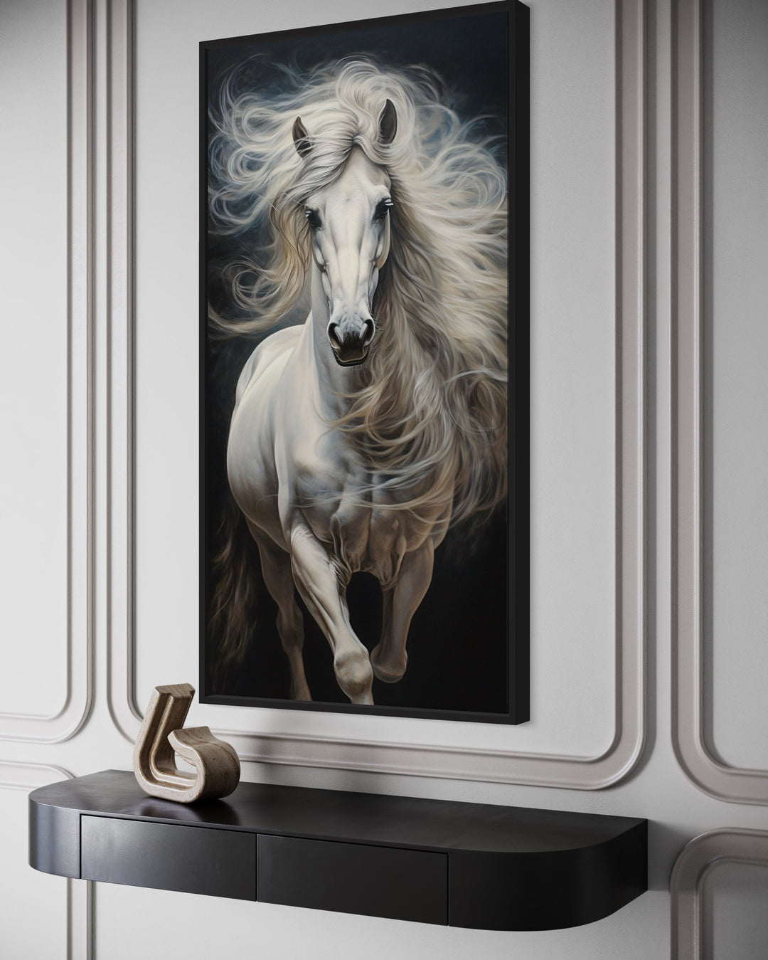 Long Vertical White Horse On Black Background Wall Art close up