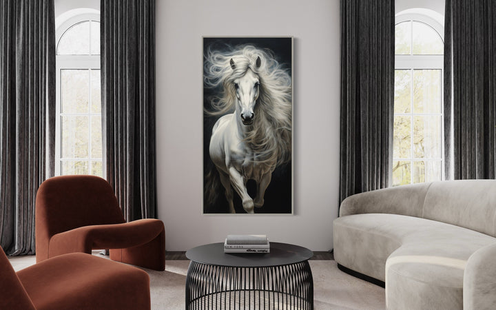 Long Vertical White Horse On Black Background Wall Art