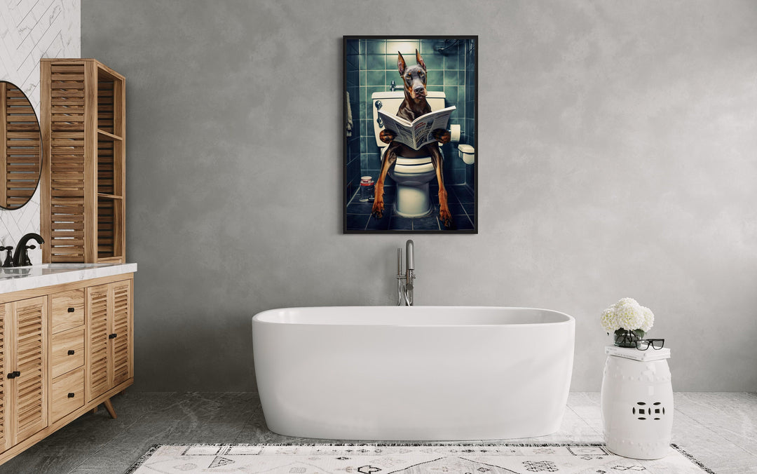 Brown Dobermann Dog On The Toilet Reading Newspaper Wall Art above bathtub