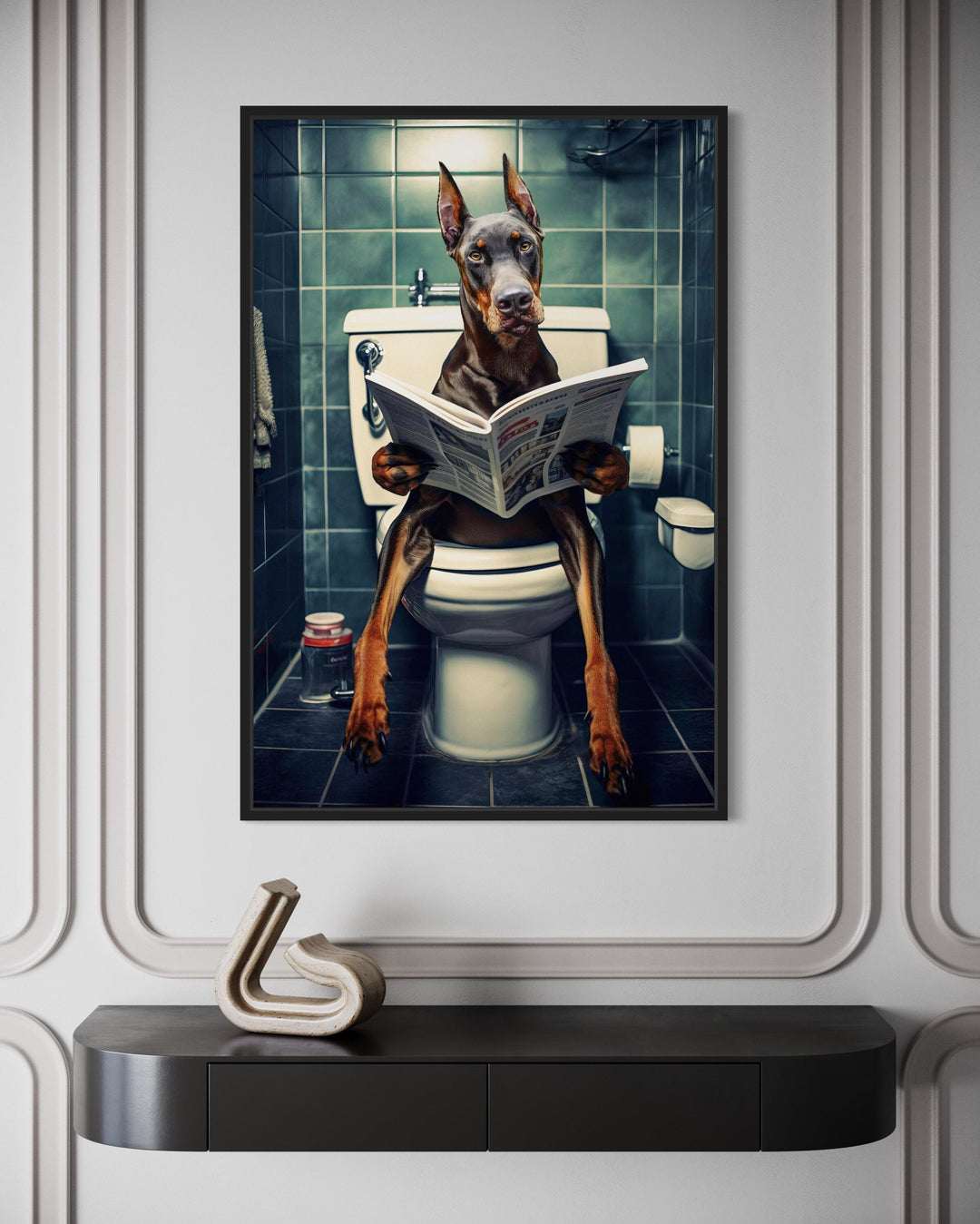 Brown Dobermann Dog On The Toilet Reading Newspaper Wall Art