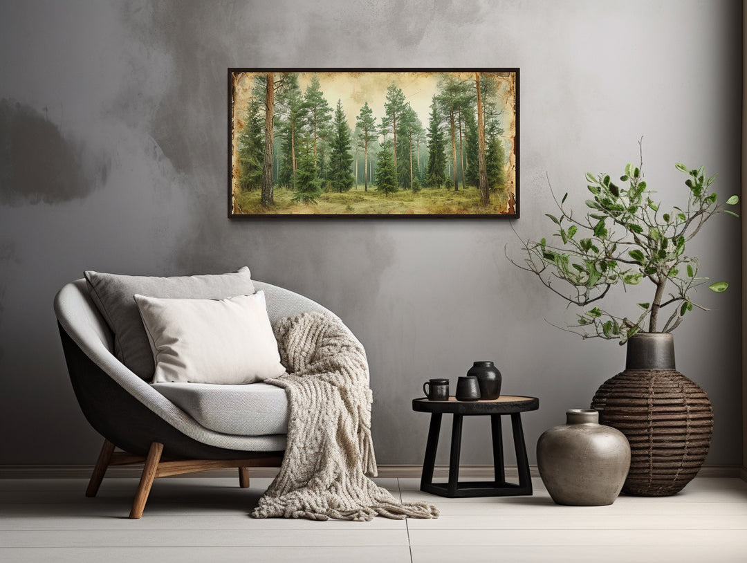 Rustic Fir Trees Forest Framed Canvas Wall Art in old cabin