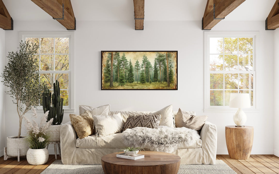 Rustic Fir Trees Forest Framed Canvas Wall Art above beige couch