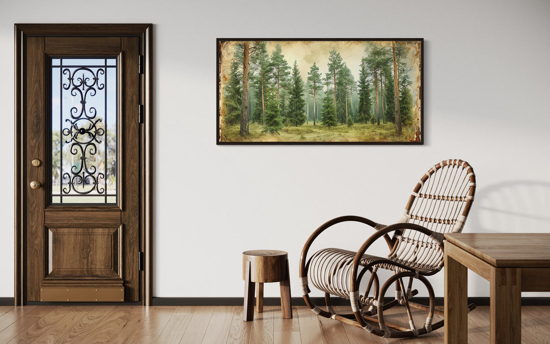 Rustic Fir Trees Forest Framed Canvas Wall Art in rustic room