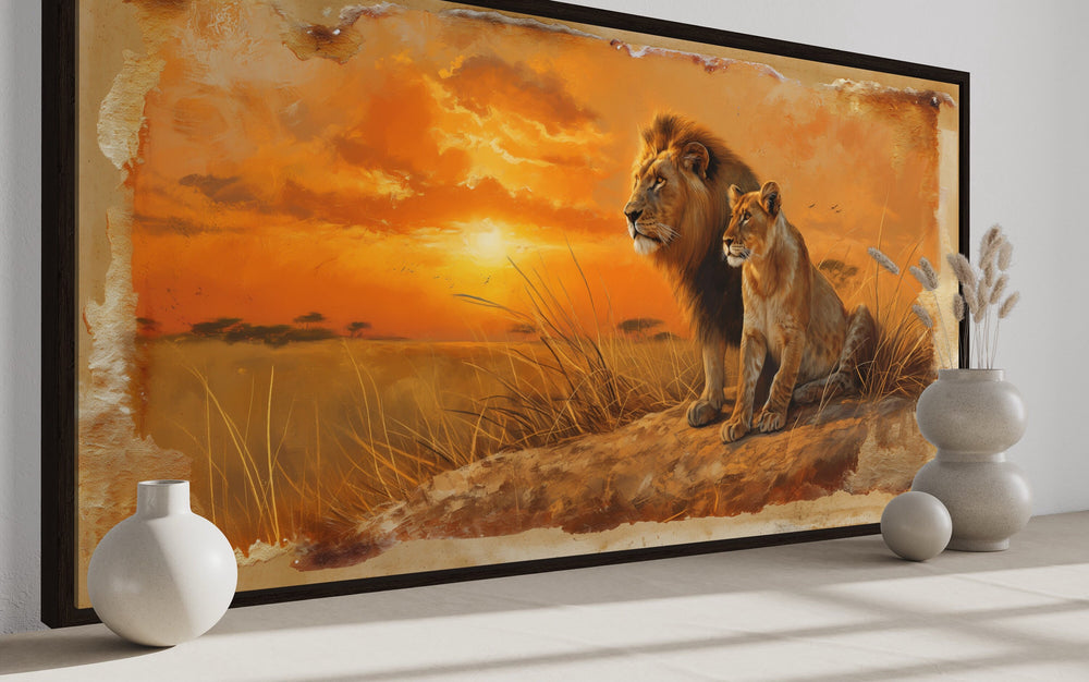 Lion and Lioness in Savannah At Sunset Framed Canvas Romantic Wall Art side view