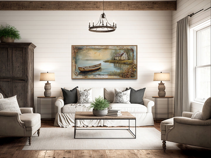 Wooden Canoe In The Lake Cabin Rustic Wall Art "Cabin Reflections" over rustic couch