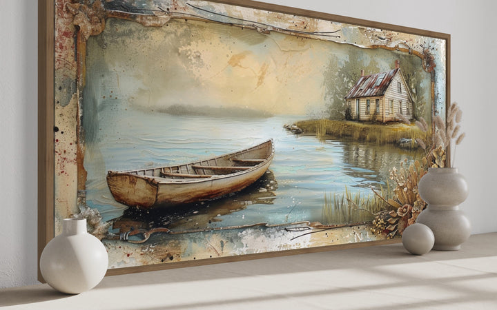 a painting of a boat on a lake with a house in the background