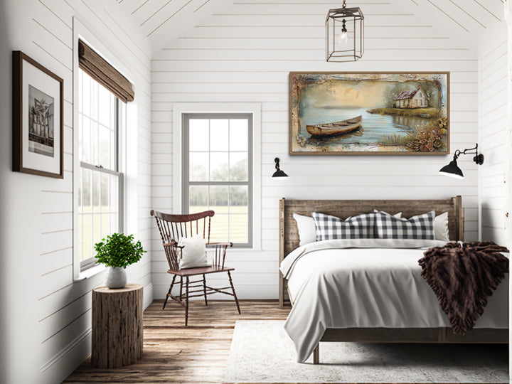 Wooden Canoe In The Lake Cabin Rustic Wall Art "Cabin Reflections" over rustic wooden bed