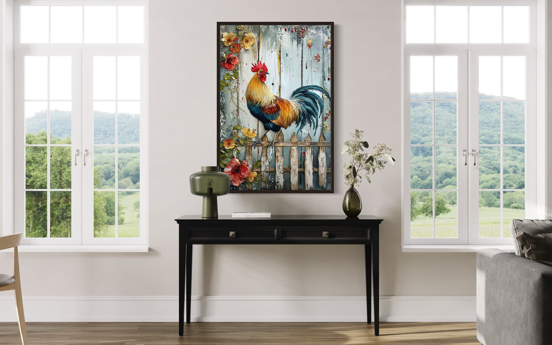 Rooster On The Fence Rustic Farmhouse Canvas Wall Art in living room